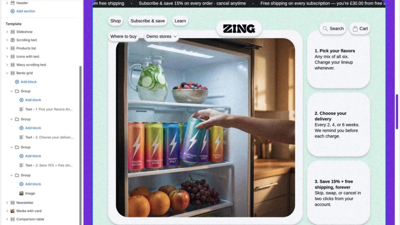 Éditeur du thème Pops dans l’admin Shopify, preset Zing (boissons énergisantes) : la section Bento grid dépliée en theme blocks imbriqués (Group, Text, Image) à côté de son aperçu, une photo de frigo et trois étapes d’abonnement