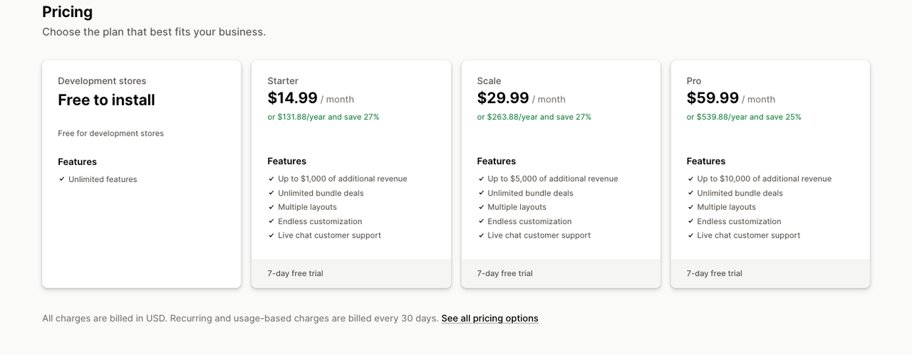 Tarifs de Kaching Bundles sur le Shopify App Store : gratuit sur les boutiques de développement, Starter à 14,99 $, Scale à 29,99 $ et Pro à 59,99 $ par mois