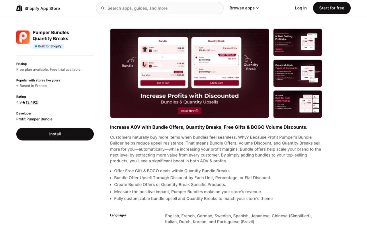 Pumper Bundles Quantity Breaks listing on the Shopify App Store, showing its free plan and screenshots of bundle and quantity break widgets