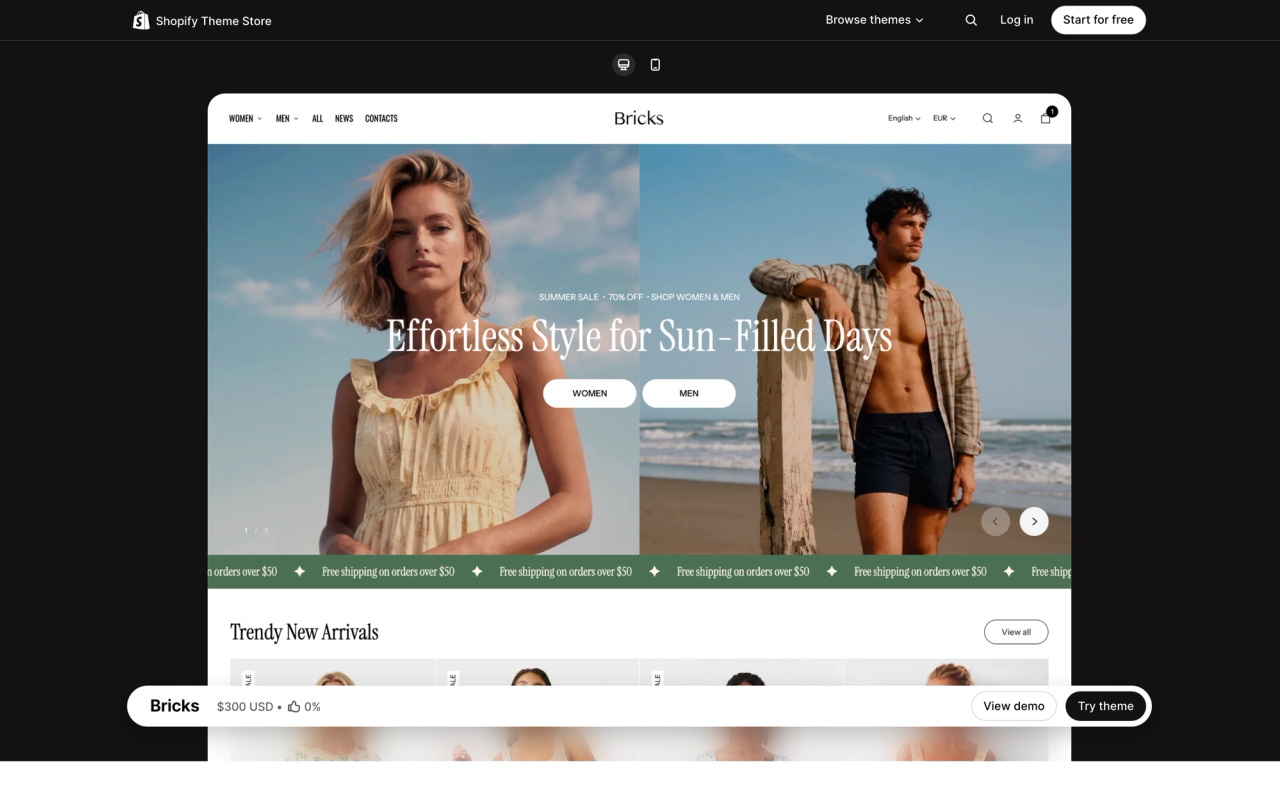 Bricks theme page on the Shopify Theme Store, with a desktop preview of its demo store