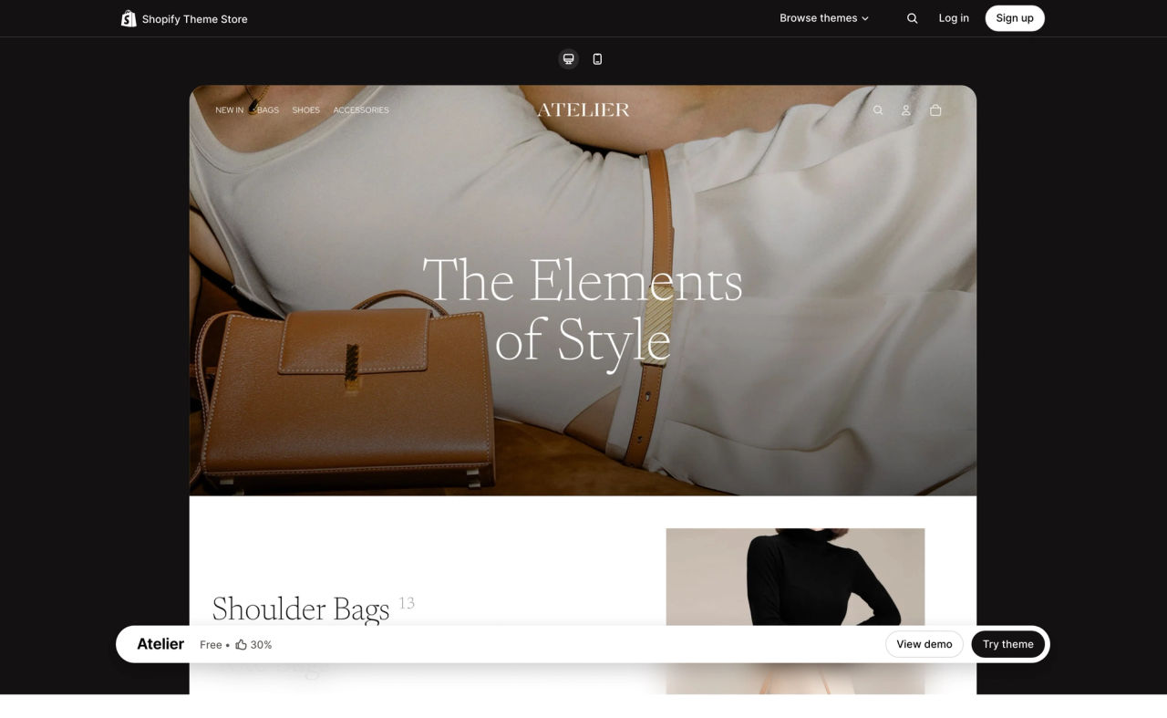 Atelier theme page on the Shopify Theme Store, with a desktop preview of its demo store