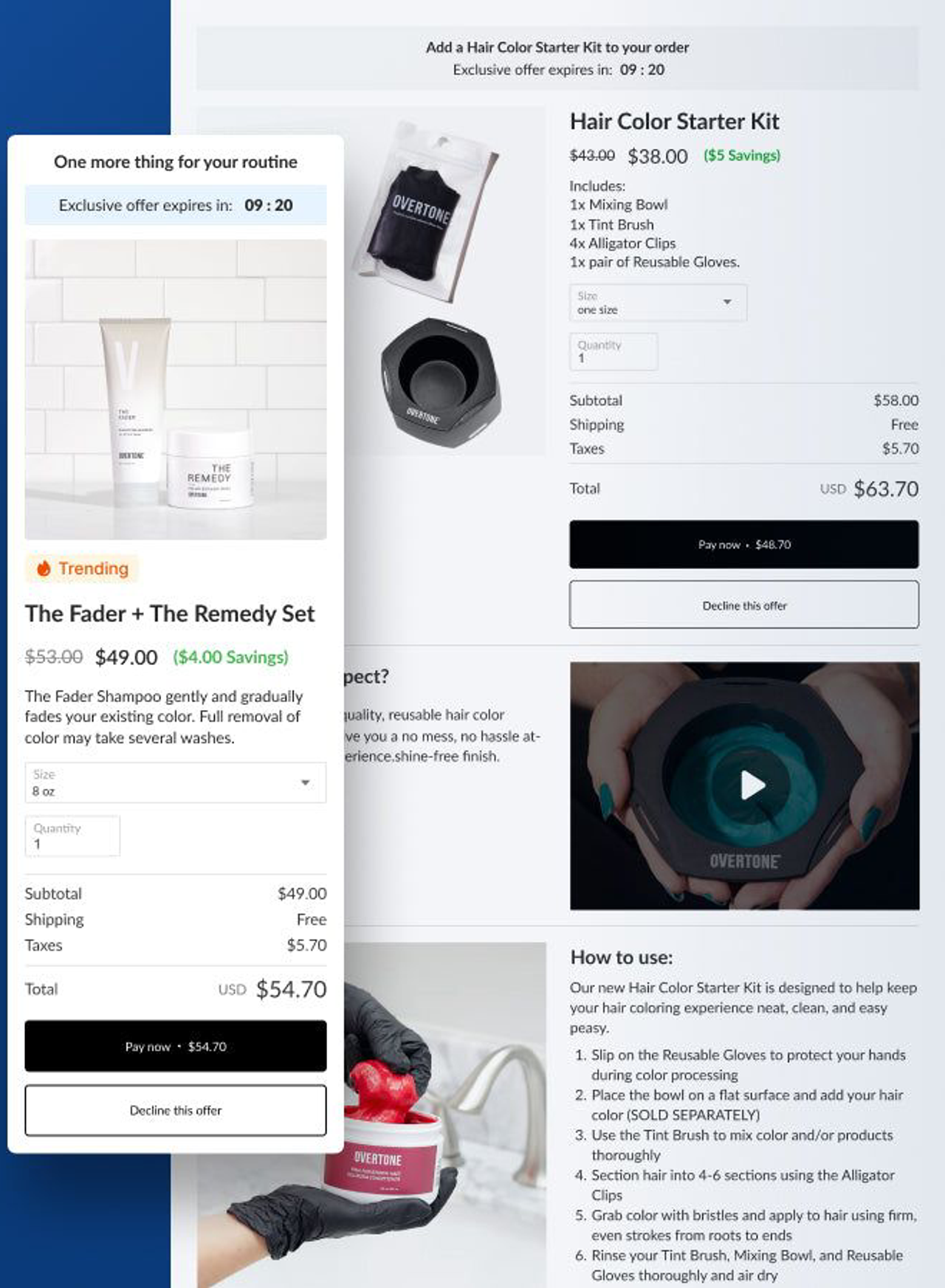 Offre post-achat Zipify OneClickUpsell sur la boutique Overtone : le lot The Fader + The Remedy à 49 $ au lieu de 53 $, avec les boutons Pay now et Decline