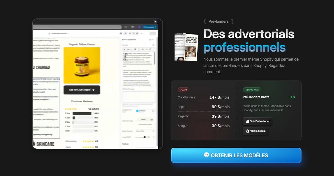 Section d’Elixir qui compare « l’ancienne méthode » pour créer des advertorials, ClickFunnels à 147 $/mois, Replo à 99 $, PageFly et Shogun à 39 $, aux pré-landers natifs d’Elixir à 0 $
