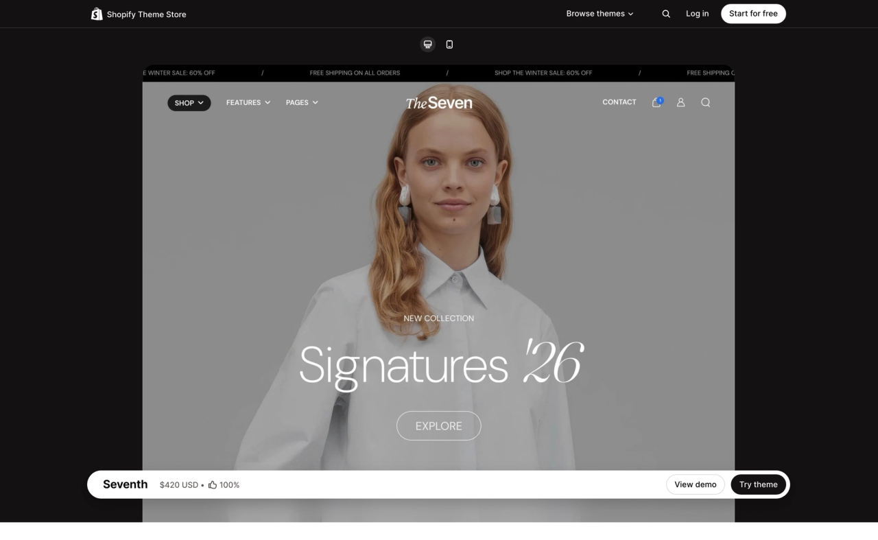Seventh theme page on the Shopify Theme Store, with a desktop preview of its demo store