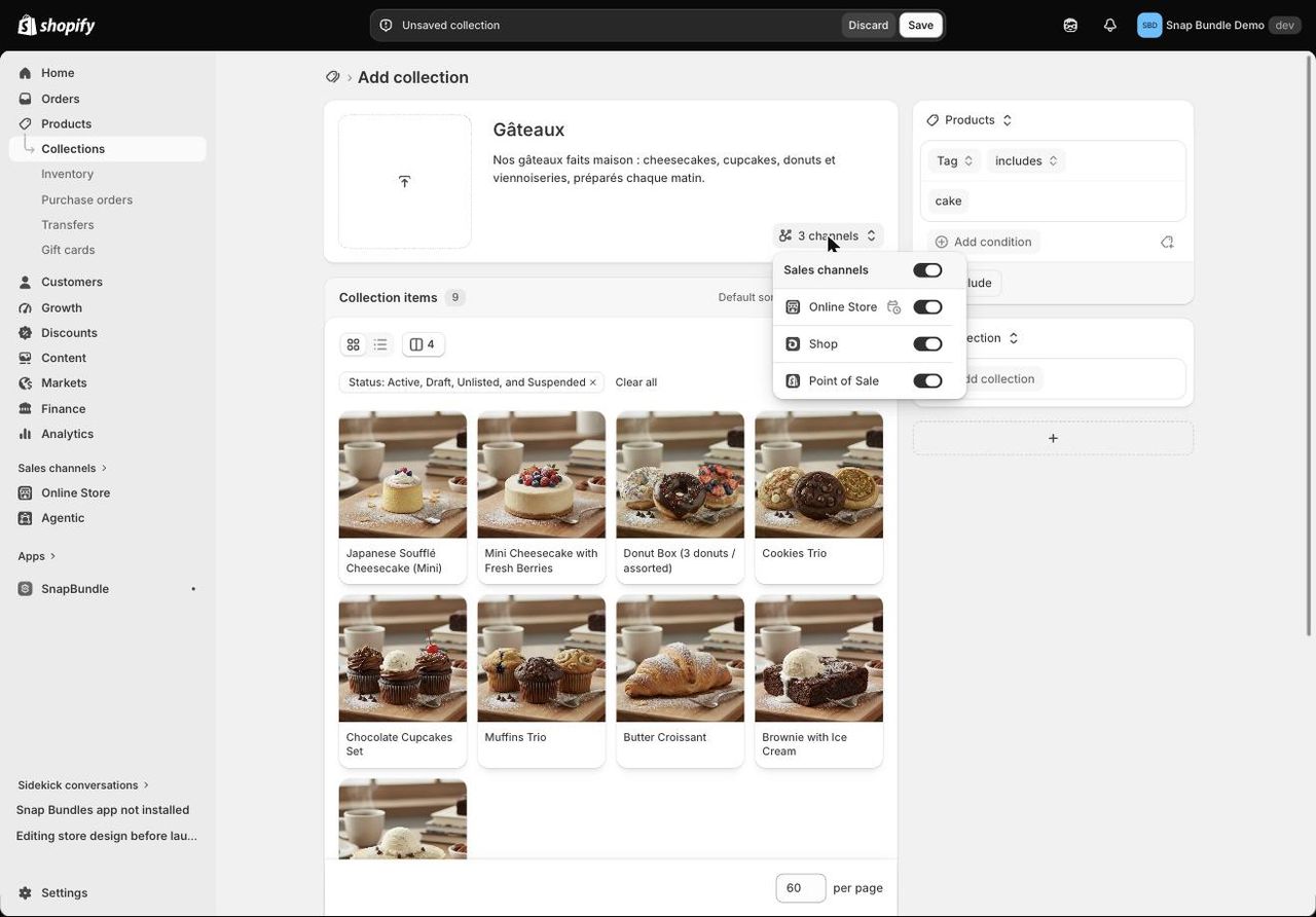 Menu des canaux de vente d'une collection Shopify : Online Store, Shop et Point of Sale