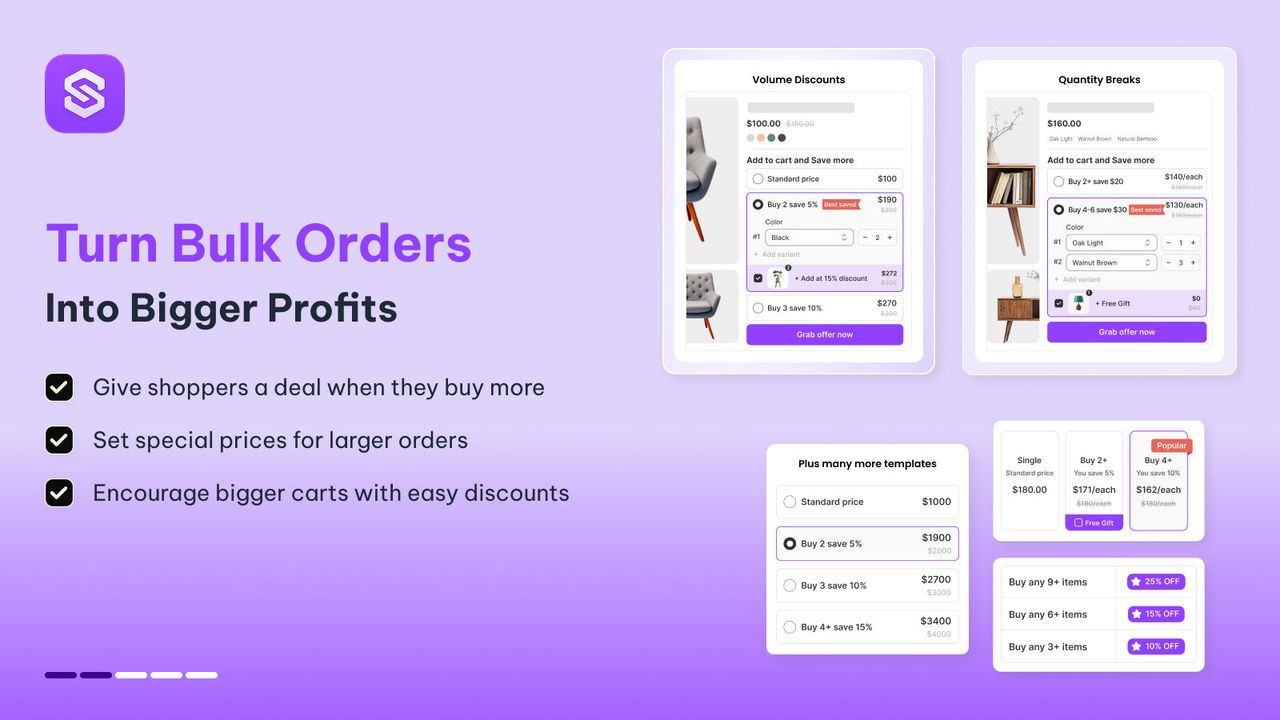 Widgets de remise sur volume et de paliers de quantité de Snap Bundle sur une fiche produit Shopify