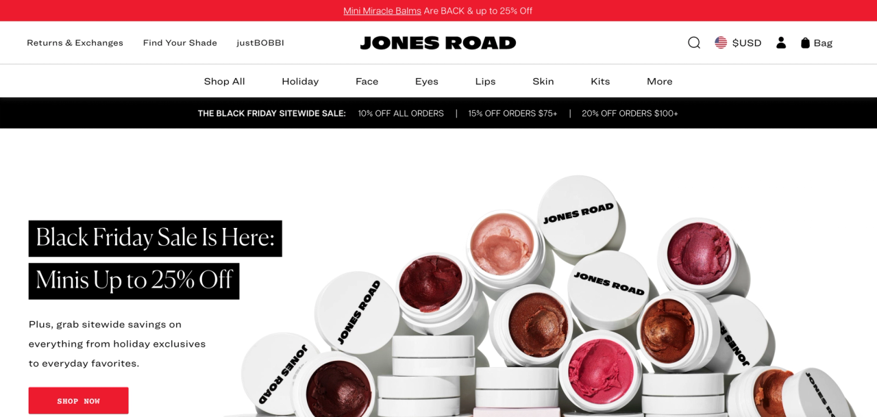 Jones Road Beauty homepage during Black Friday 2025 with a black banner reading: The Black Friday sitewide sale, 10% off all orders, 15% off orders $75+, 20% off orders $100+