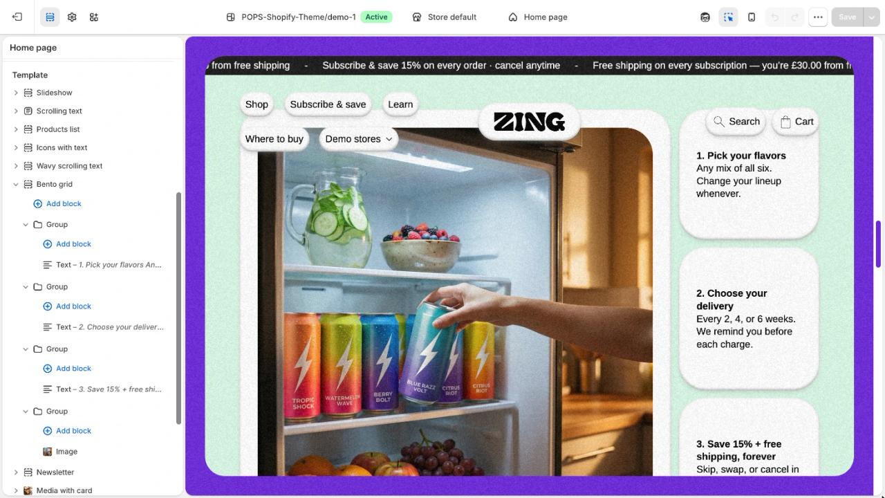 Éditeur du thème Pops dans l’admin Shopify, preset Zing (boissons énergisantes) : la section Bento grid dépliée en theme blocks imbriqués (Group, Text, Image) à côté de son aperçu, une photo de frigo et trois étapes d’abonnement