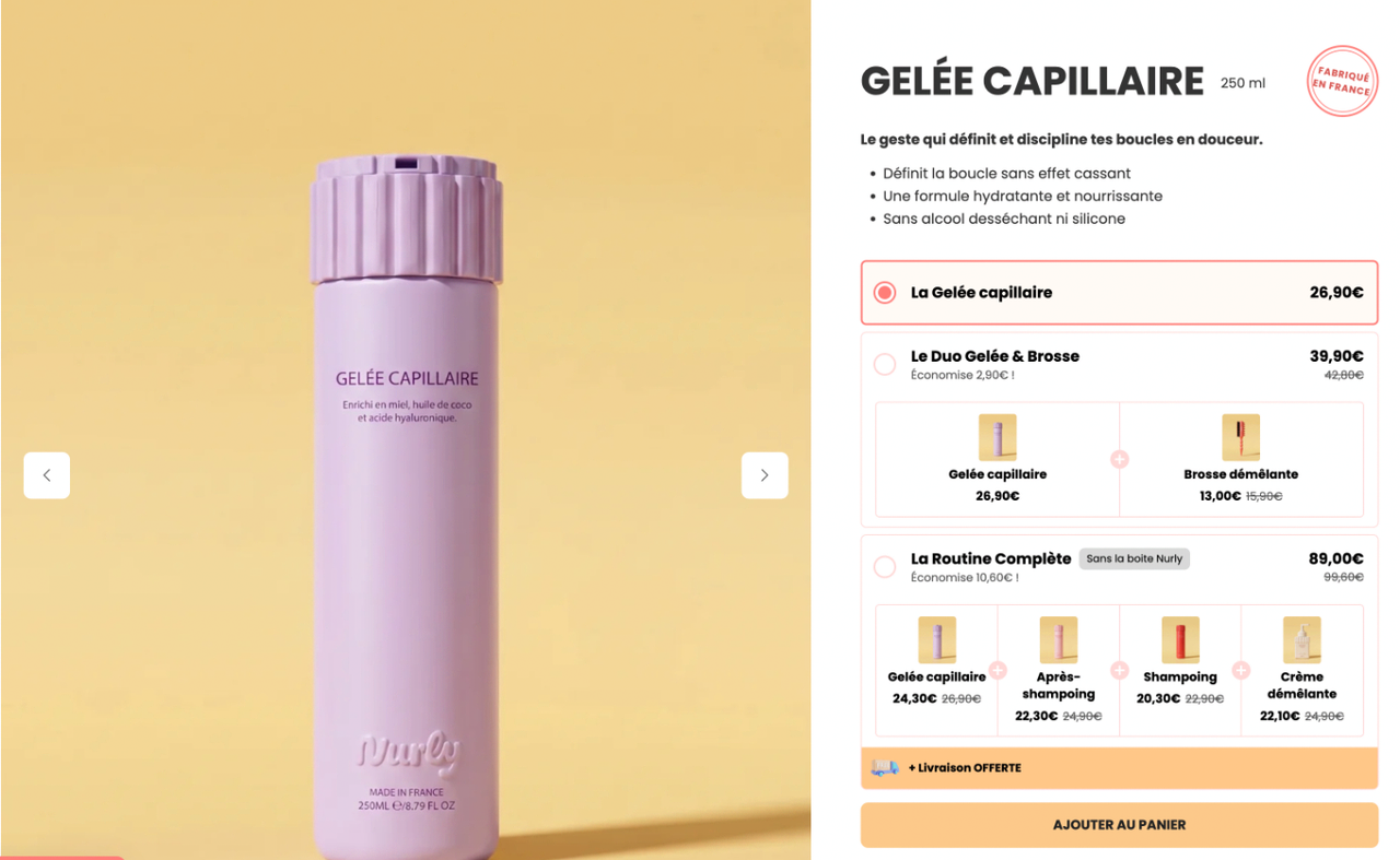 Le sélecteur de packs sur la fiche gelée capillaire de Nurly : gelée seule, duo gelée et brosse, routine complète