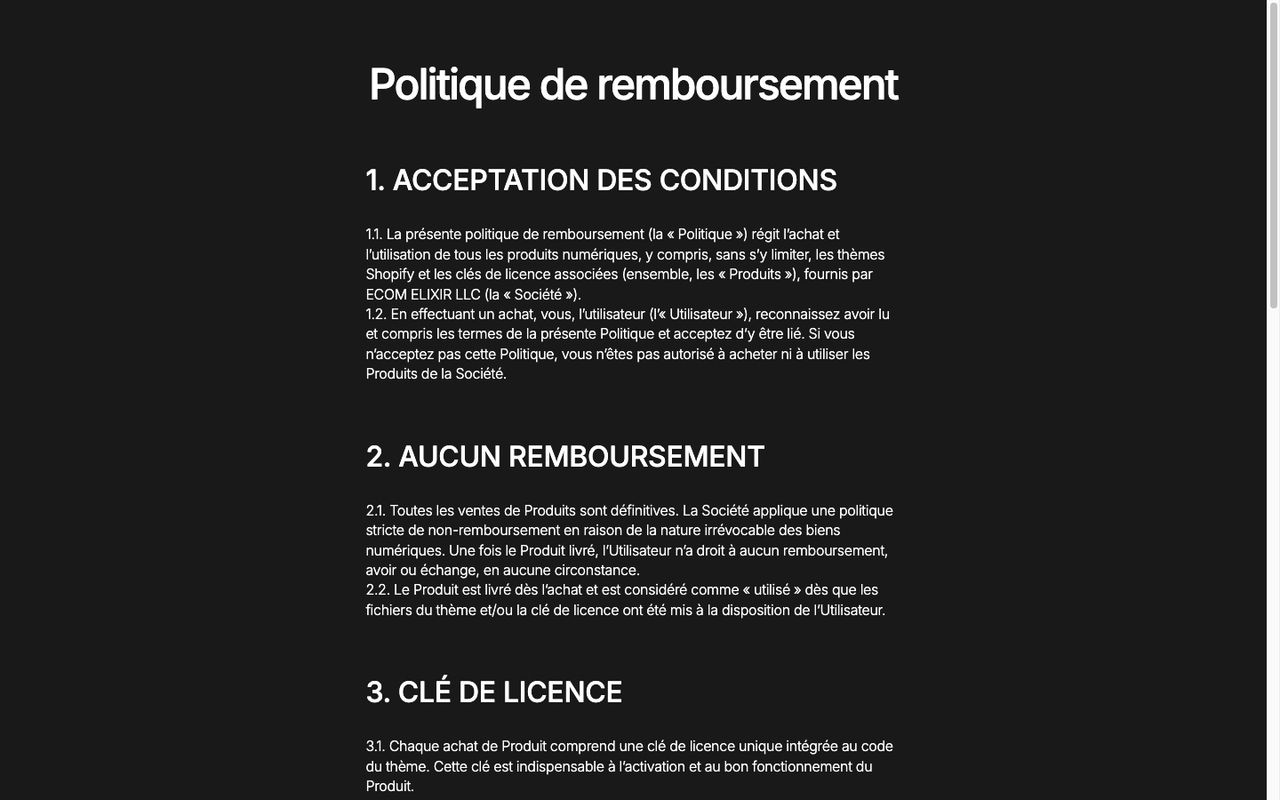 Politique de remboursement d’Elixir : la section 2, « Politique de non-remboursement », indique que toutes les ventes sont définitives ; la section 3 porte sur la clé de licence intégrée au code du thème