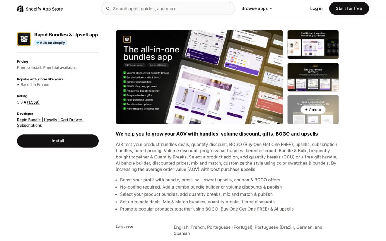 Rapid Bundles & Upsell app listing on the Shopify App Store, showing its free plan and screenshots of volume discounts, BOGO and bundle offers