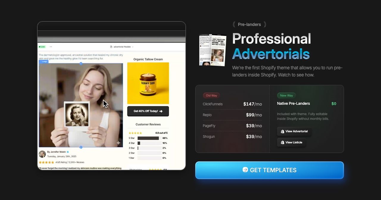 Elixir section comparing “the old way” of building advertorials, ClickFunnels at $147/month, Replo at $99, PageFly and Shogun at $39, with Elixir’s native pre-landers at $0