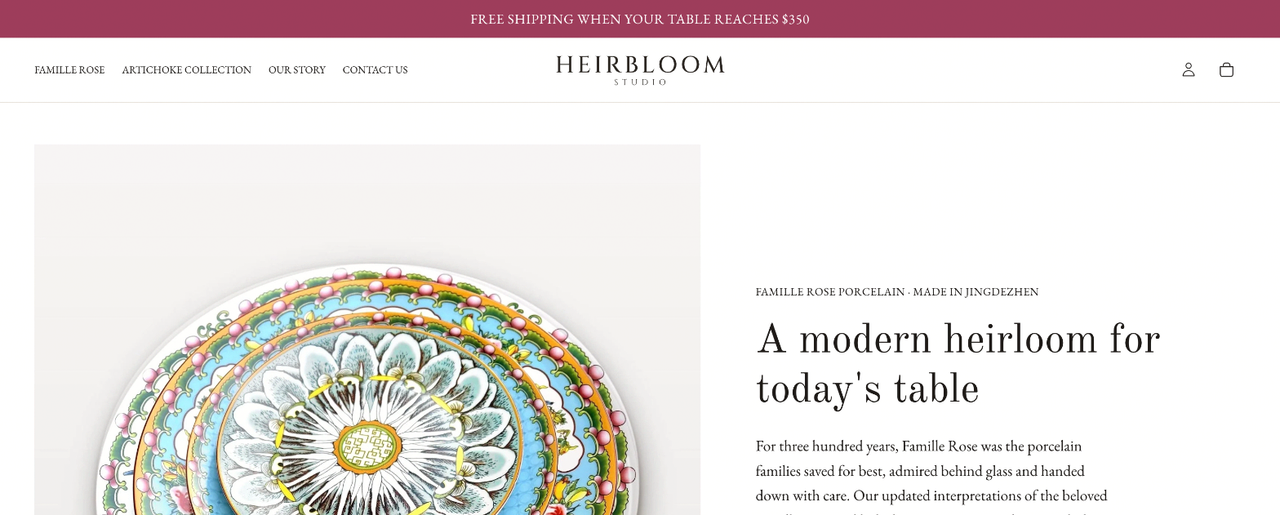Heirbloom Studio homepage with a bar across the top reading "Free shipping when your table reaches $350", above the menu, with nothing in the cart