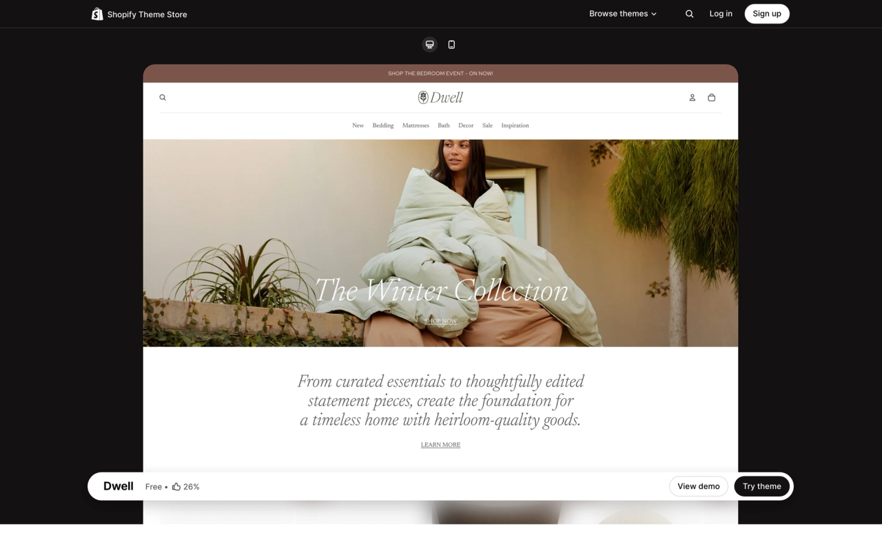 Dwell theme page on the Shopify Theme Store, with a desktop preview of its demo store