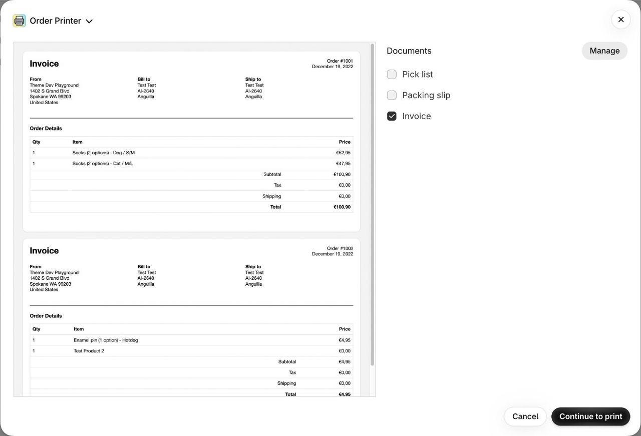 Fenêtre Order Printer avec l’aperçu des factures de deux commandes