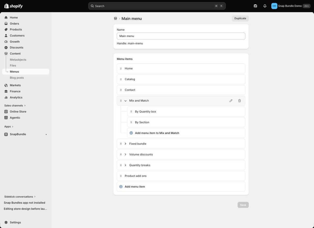 Menu principal Shopify avec deux sous-éléments imbriqués sous Mix and Match et le bouton Add menu item to Mix and Match