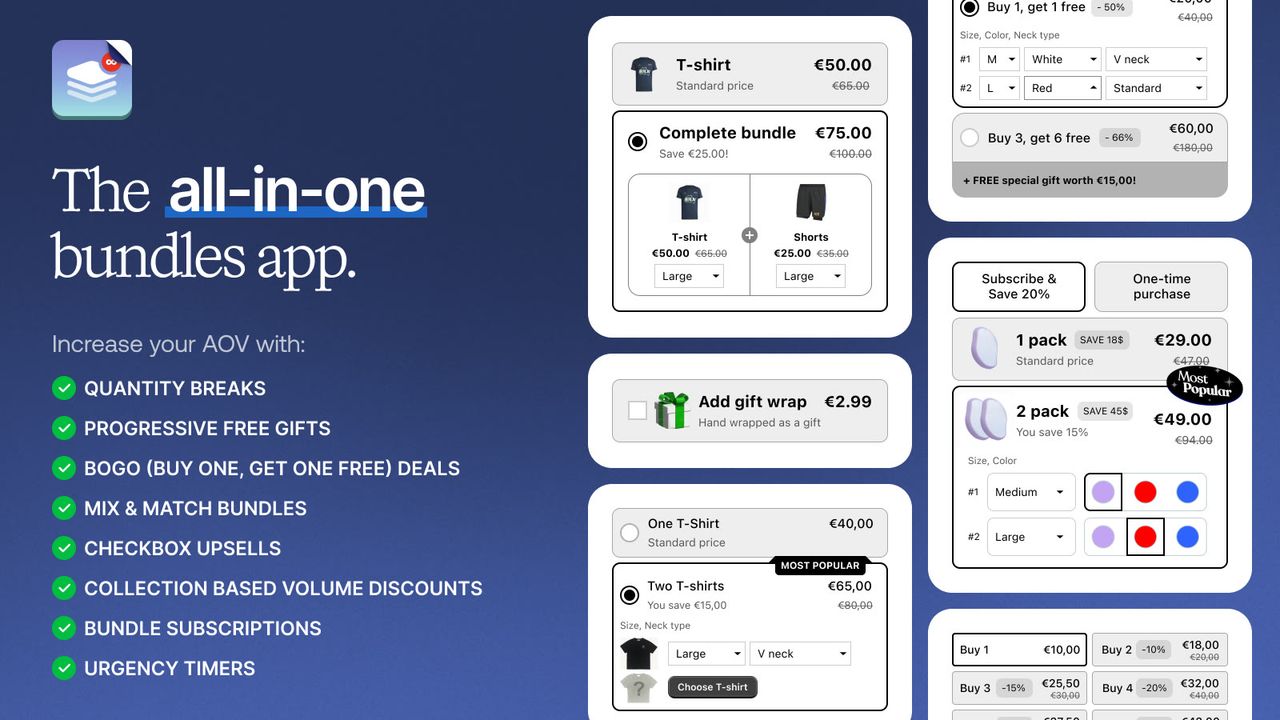 Vue d’ensemble des fonctionnalités de Kaching Bundles : paliers de quantité, cadeaux offerts, offres BOGO, bundles mix and match, upsells à cocher, abonnements et comptes à rebours