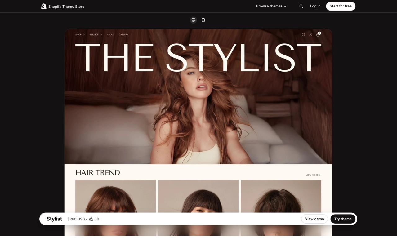 Page du thème Stylist sur le Shopify Theme Store, avec un aperçu sur ordinateur de sa boutique de démo