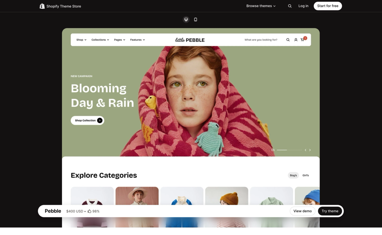 Pebble theme page on the Shopify Theme Store, with a desktop preview of its demo store