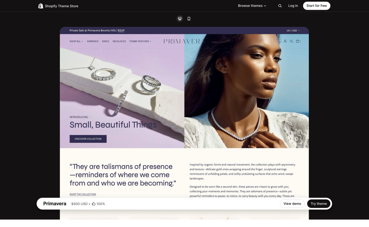 Primavera theme page on the Shopify Theme Store, with a desktop preview of its demo store