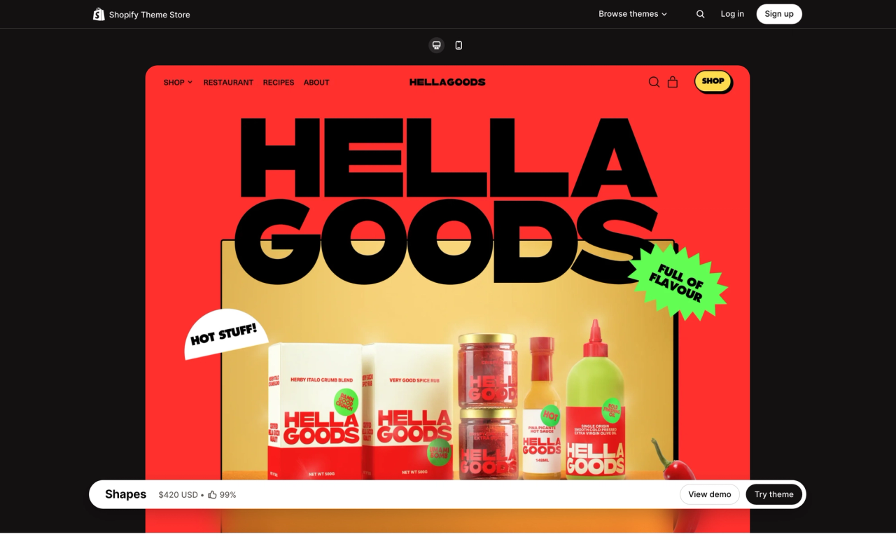 Shapes theme page on the Shopify Theme Store, with a desktop preview of its demo store