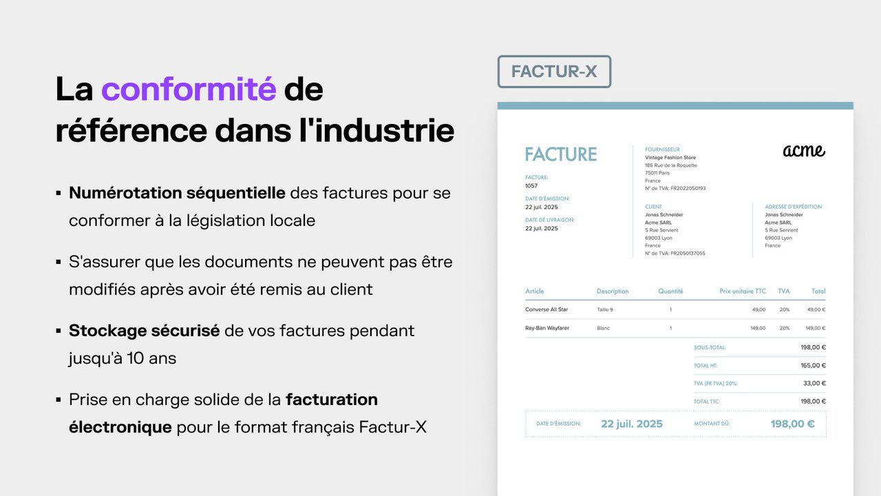Exemple de facture Factur-X générée par Sufio pour une boutique Shopify