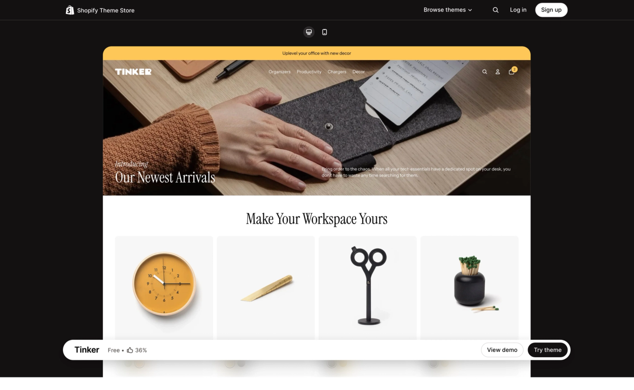 Tinker theme page on the Shopify Theme Store, with a desktop preview of its demo store