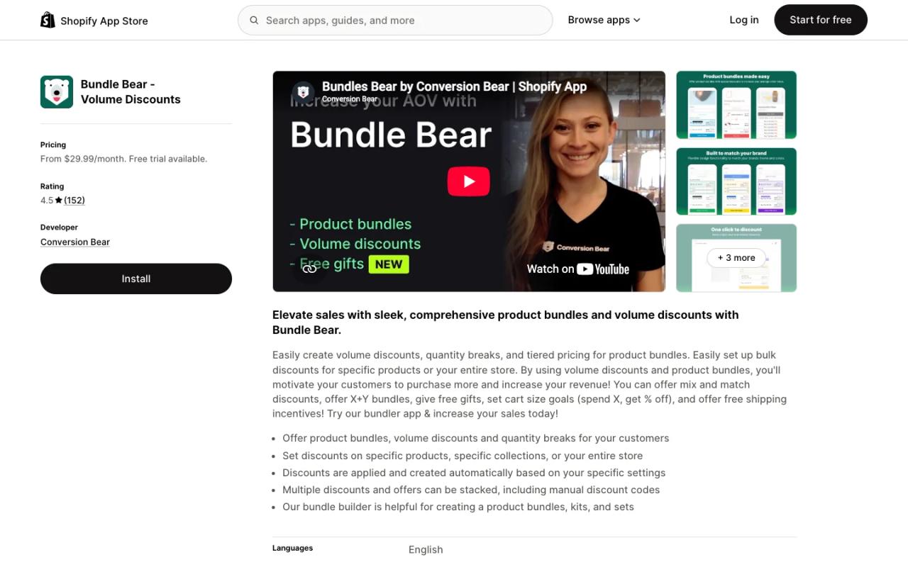 Bundle Bear Volume Discounts listing on the Shopify App Store, showing pricing from $29.99 a month and screenshots of product bundles and volume discounts