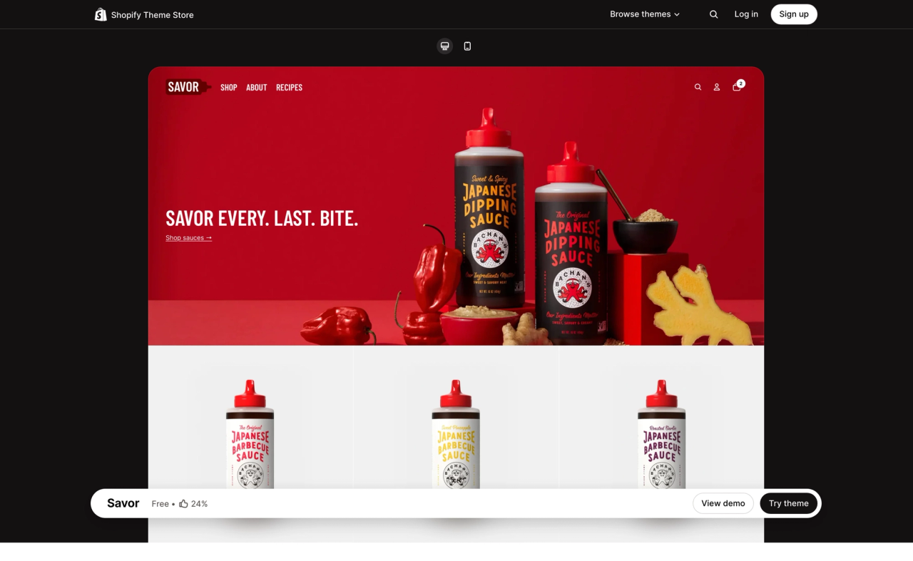 Savor theme page on the Shopify Theme Store, with a desktop preview of its demo store