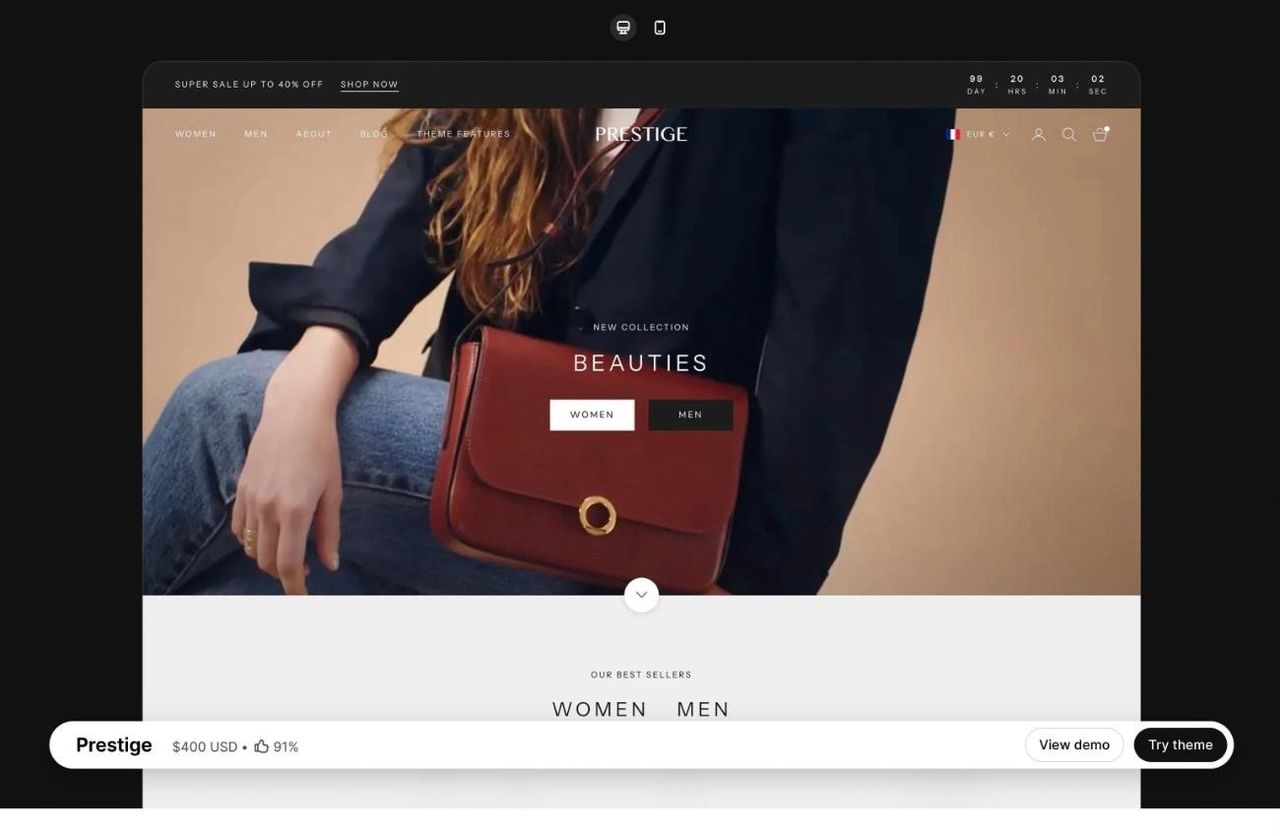 Barre de la fiche Prestige avec le bouton « Try theme »