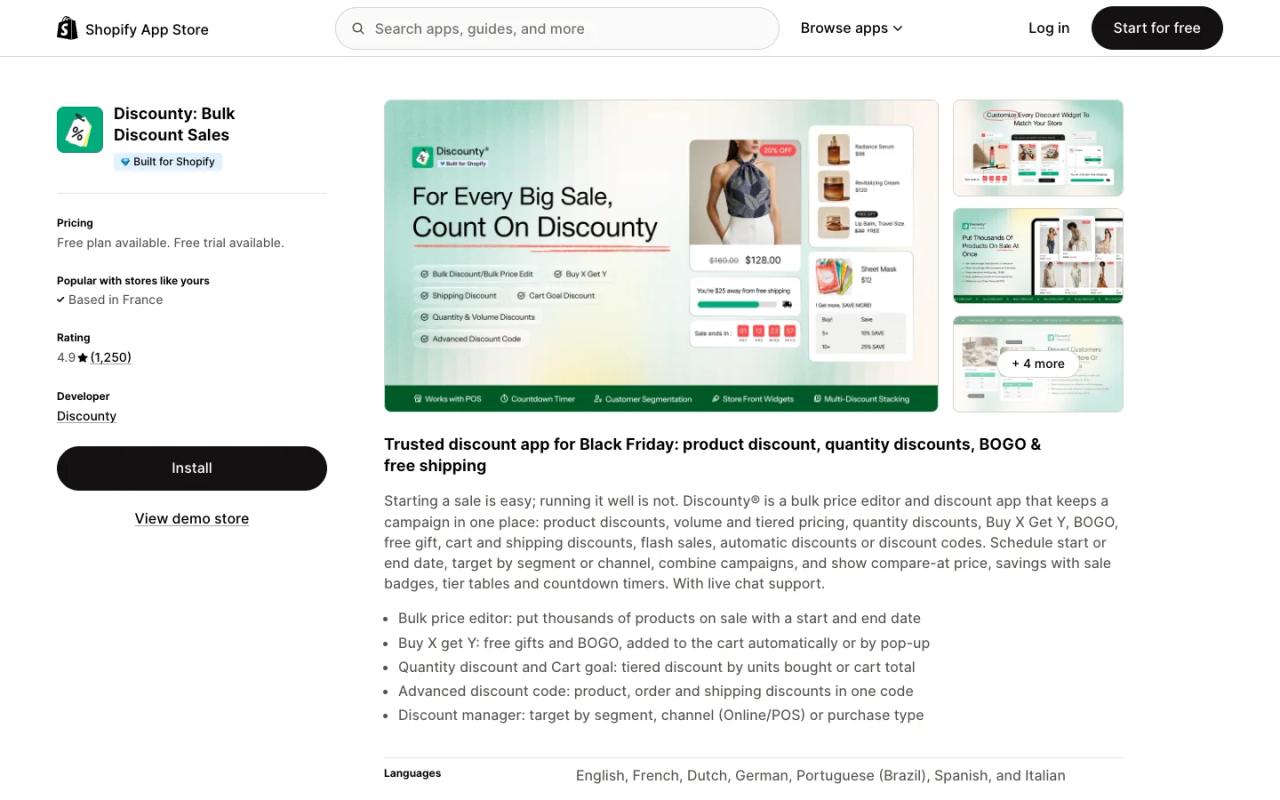 Discounty: Bulk Discount Sales listing on the Shopify App Store, showing its free plan and screenshots of sale scheduling and quantity discounts