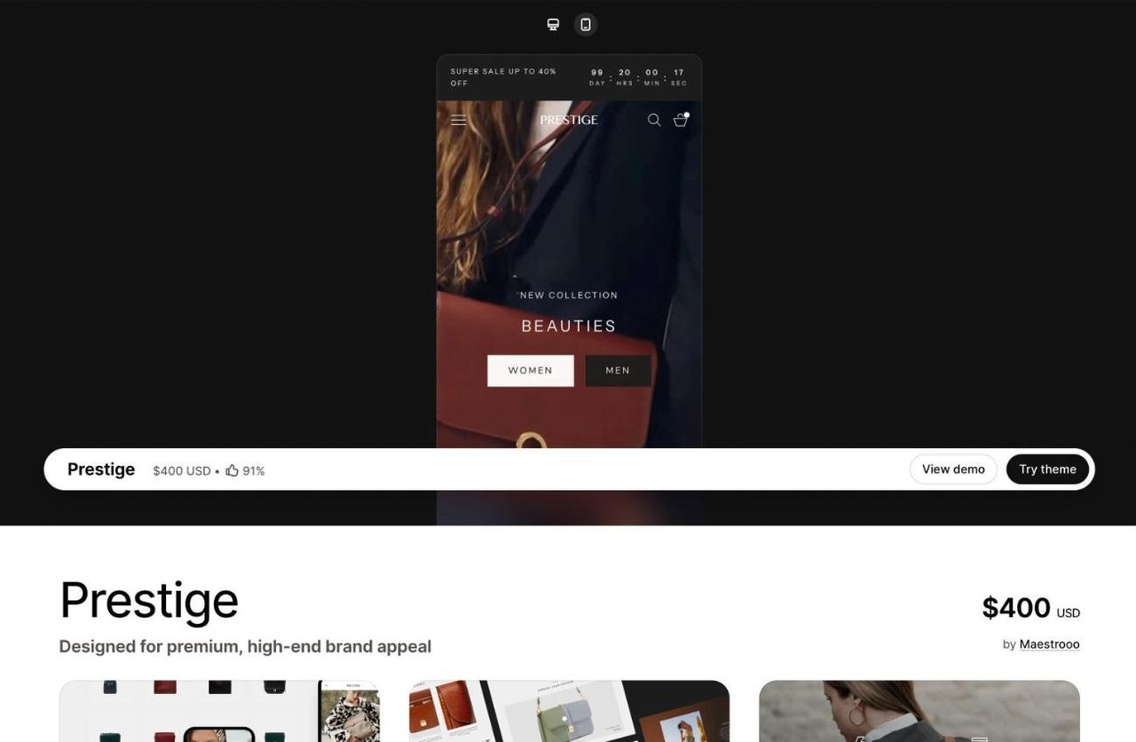 Démo du thème Prestige en aperçu mobile