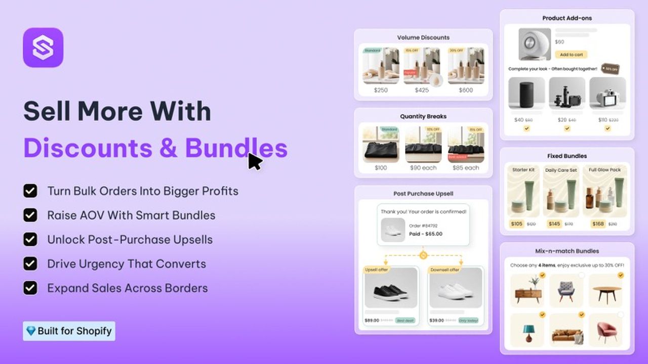 Vue d’ensemble de Snap Bundle : remises sur volume, paliers de quantité, add-ons produit, bundles fixes, bundles mix and match et upsell post-achat avec downsell