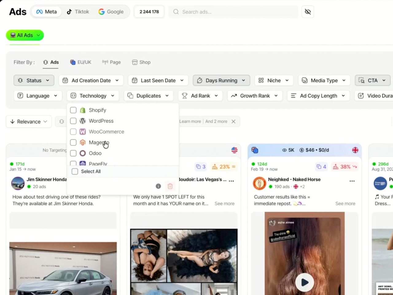 Bibliothèque de publicités de Trendtrack avec ses filtres : statut, durée de diffusion, technologie, appel à l’action