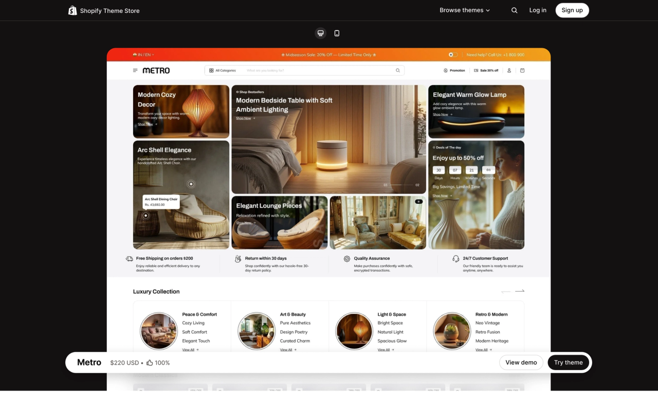 Page du thème Metro sur le Shopify Theme Store, avec un aperçu sur ordinateur de sa boutique de démo