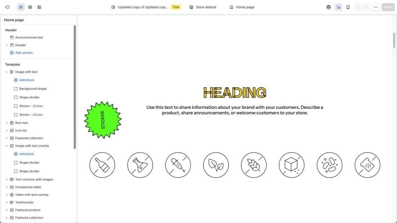 Éditeur du thème Shapes dans l’admin Shopify : les sections Image with text et Image with text overlay dépliées en blocs (Background shape, Shape divider, Sticker) à côté d’un aperçu avec sticker, titre et liste d’icônes