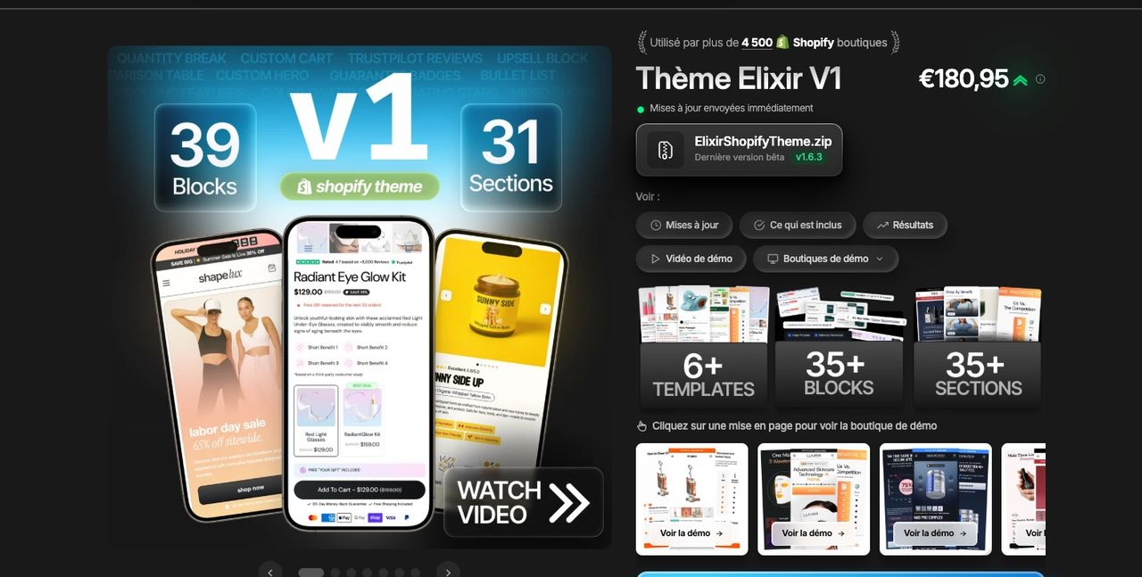 Page produit d’Elixir : « Thème Elixir V1 » à 180,95 € à côté d’un visuel annonçant 39 blocs et 31 sections, alors que les compteurs en dessous indiquent 6+ modèles, 35+ blocs et 35+ sections