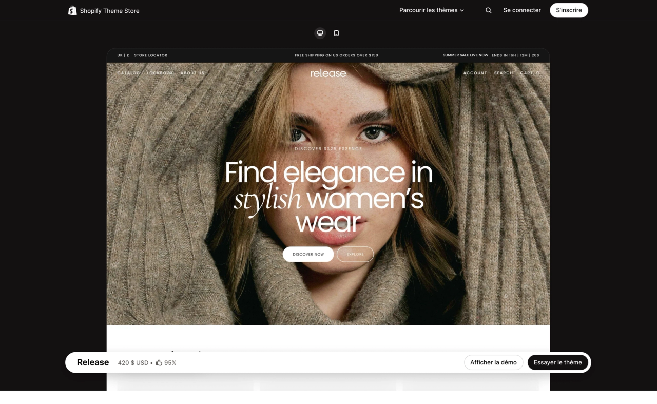 Page du thème Release sur le Shopify Theme Store, avec un aperçu sur ordinateur de sa boutique de démonstration
