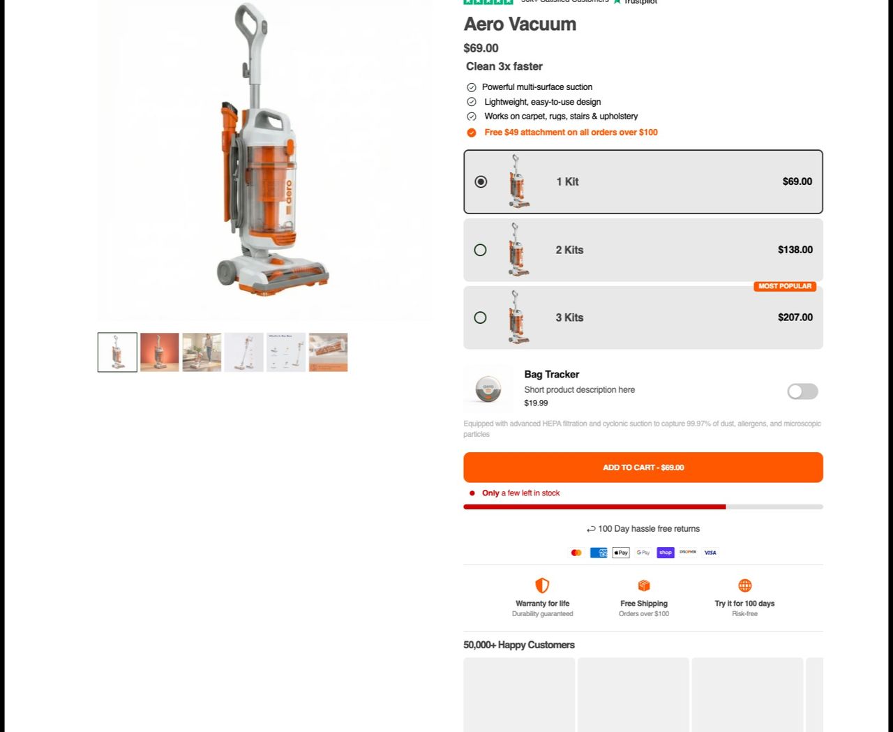Elixir demo product page for an Aero Vacuum: Trustpilot line, benefit list, quantity breaks for 1, 2 or 3 kits, a Bag Tracker add-on toggle, a low stock bar and guarantee icons