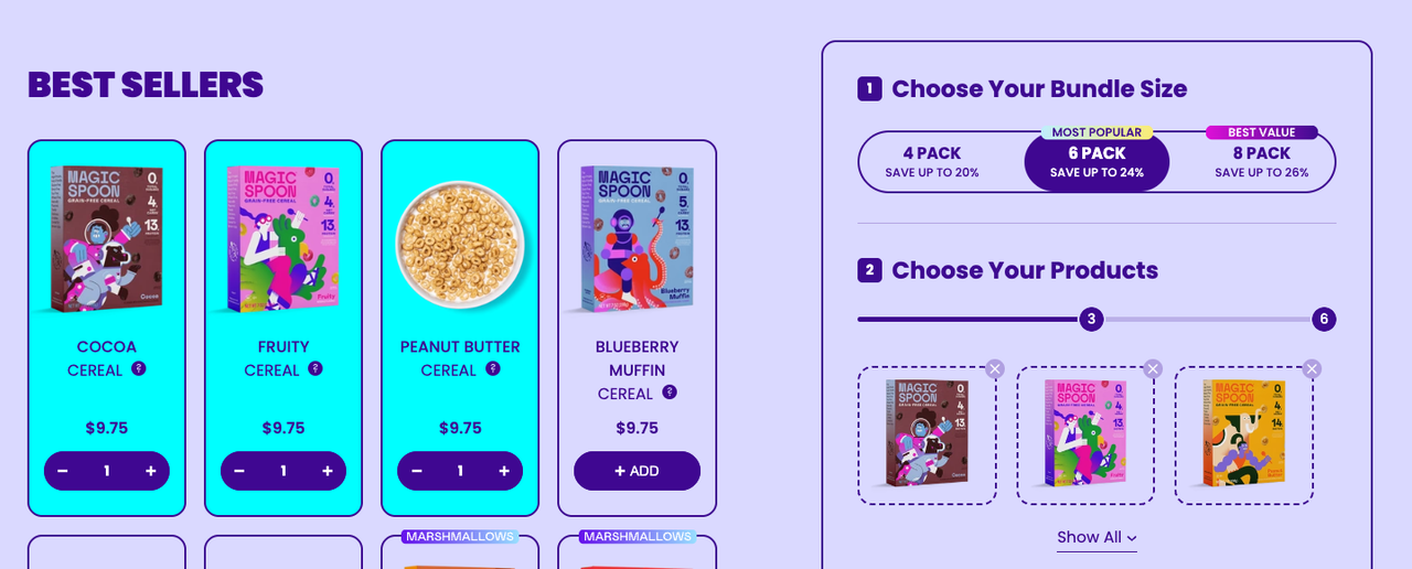 Magic Spoon bundle builder: pick a 4, 6 or 8 pack, then fill the slots with cereals; three of six slots filled