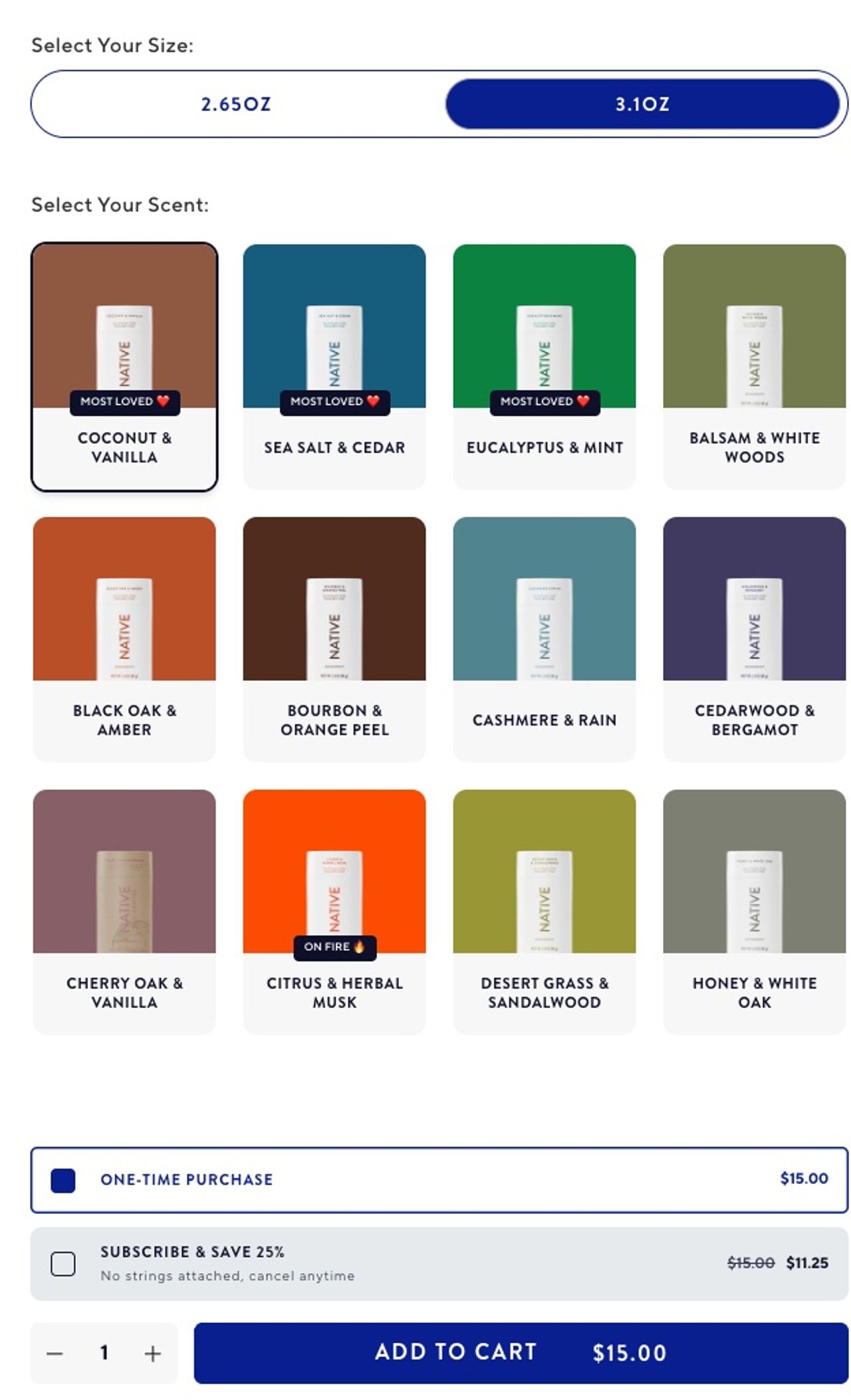 Fiche produit du déodorant stick Native avec le format 3,1 oz sélectionné, une grille de parfums, une option « Subscribe & save 25% » à 11,25 $ au lieu de 15 $ et un bouton d'ajout au panier à 15 $