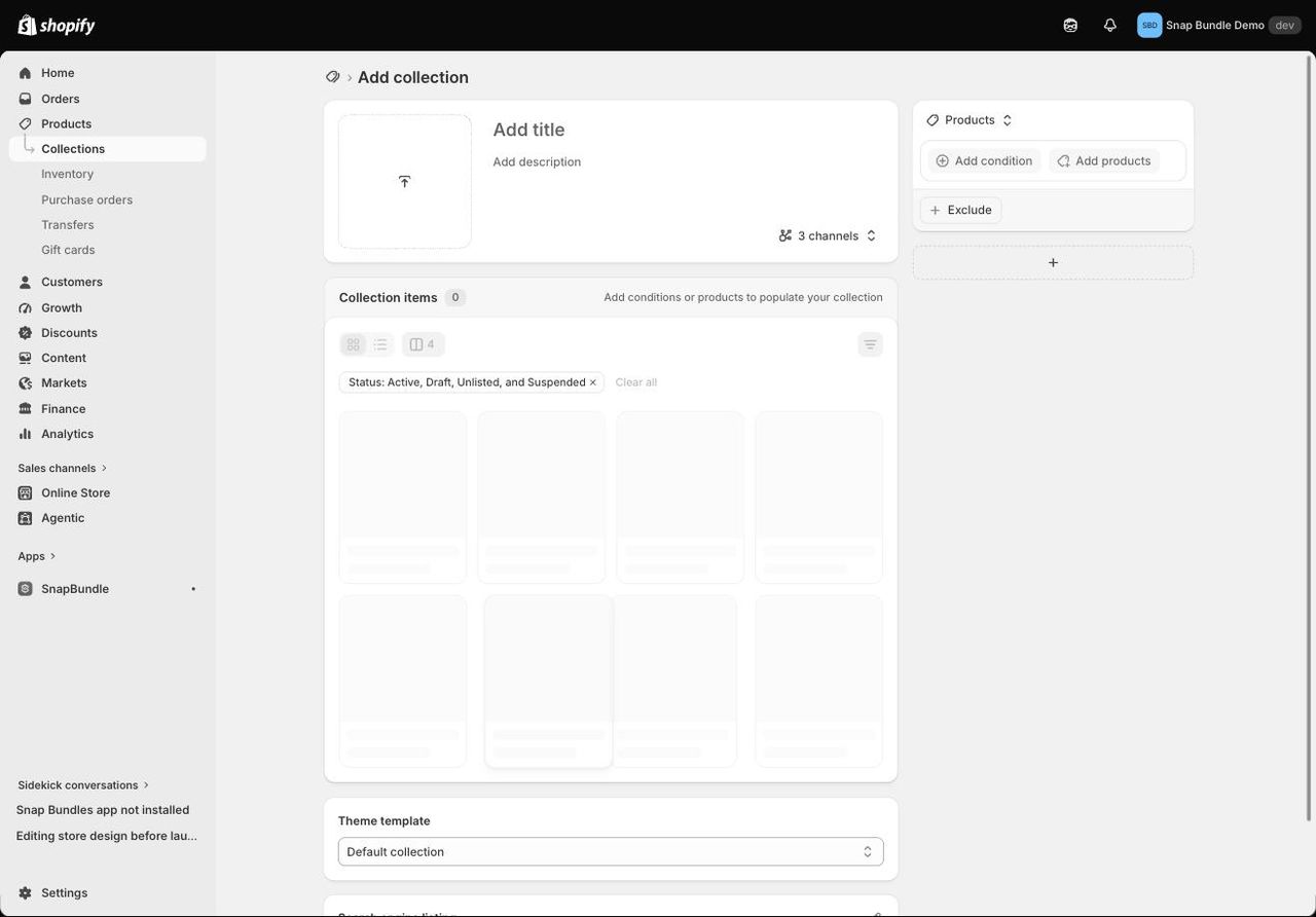 Formulaire vide de création d'une collection dans l'admin Shopify, avec le panneau des sources à droite