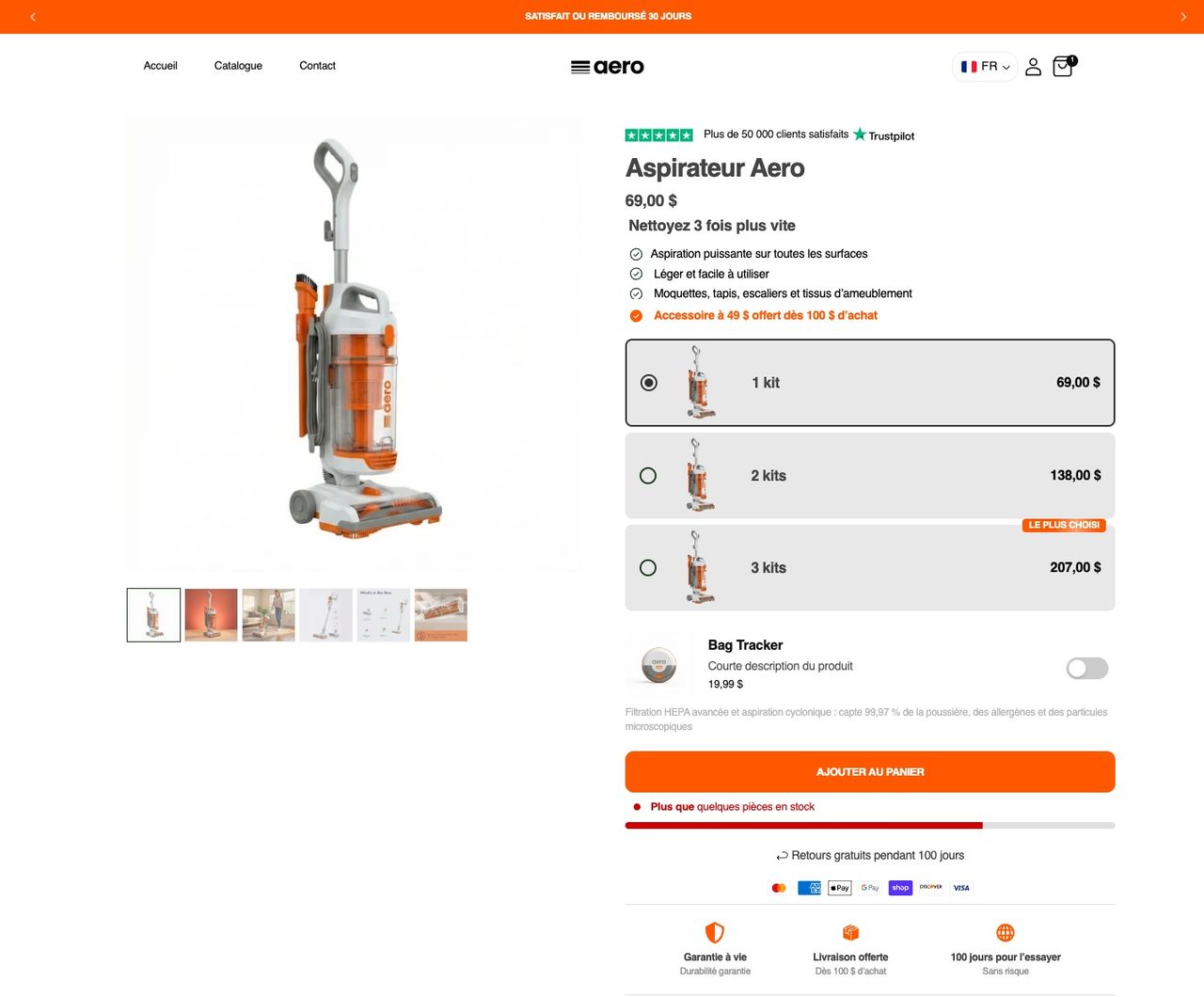 Fiche produit de démo d’Elixir pour un aspirateur Aero : ligne Trustpilot, liste de bénéfices, remises sur quantité pour 1, 2 ou 3 kits, add-on Bag Tracker à cocher, barre de stock faible et icônes de garantie
