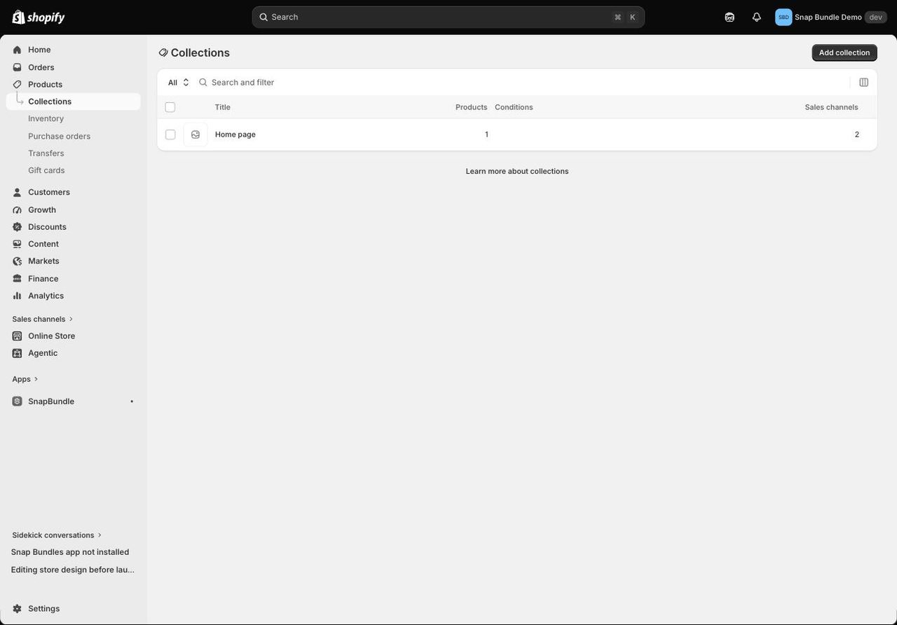 Page Collections de l'admin Shopify avec la collection Home page et le bouton Add collection en haut à droite