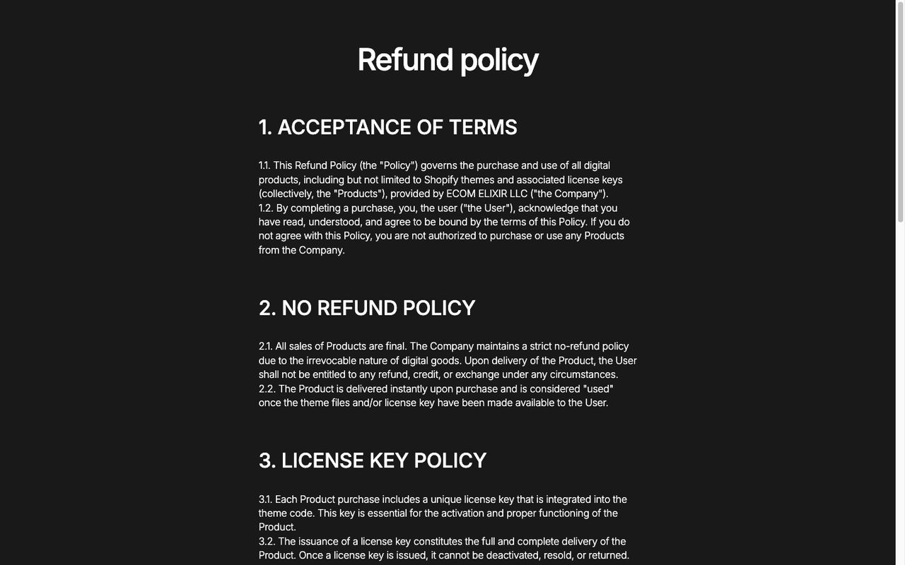 Elixir refund policy: section 2, “No refund policy”, says all sales of products are final; section 3 covers the licence key built into the theme code
