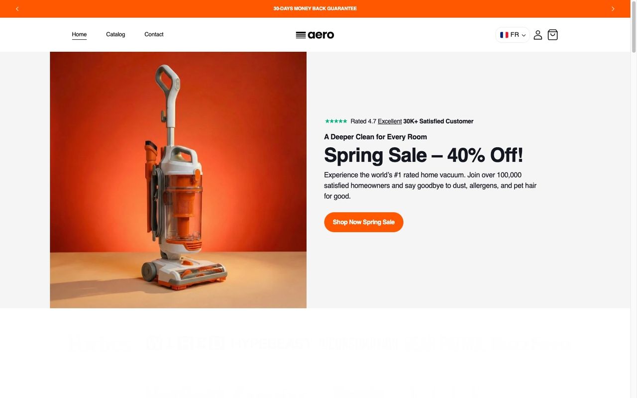 Elixir demo store “aero” selling a vacuum cleaner: a 30-day money back guarantee announcement bar, a rating line, a “Spring Sale – 40% Off!” headline and an orange Shop Now button
