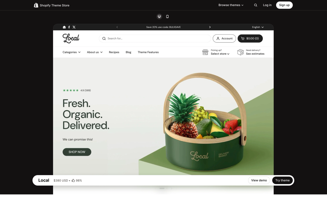 Local theme page on the Shopify Theme Store, with a desktop preview of its demo store