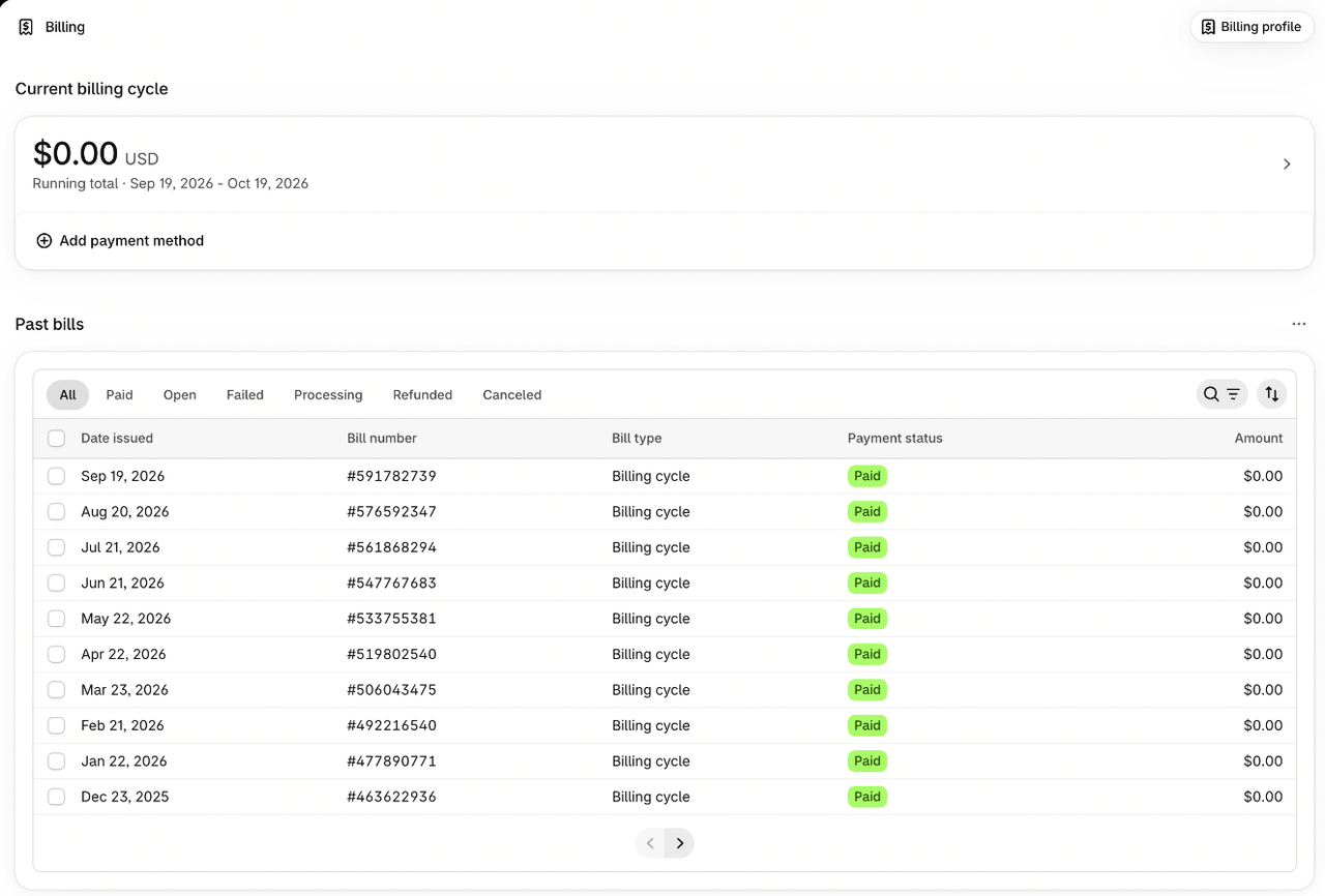 Billing page in the Shopify admin showing the current billing cycle, the Billing profile button and the list of past bills
