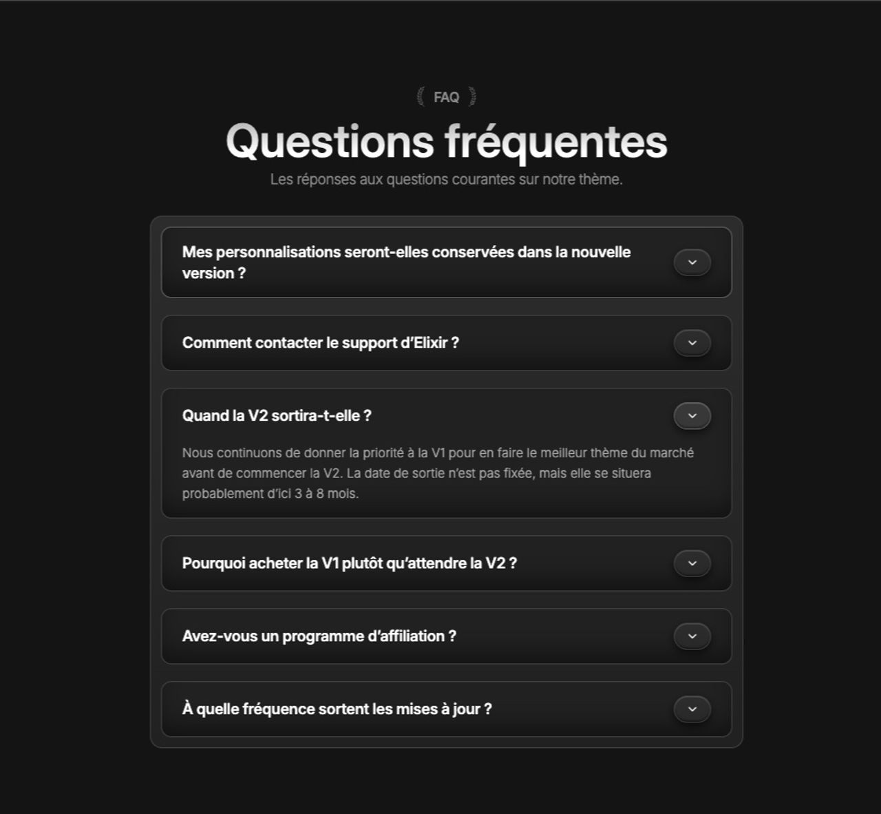FAQ d’Elixir avec la question « Quand la V2 sortira-t-elle ? » ouverte : la date de sortie n’est pas fixée, probablement entre 3 et 8 mois