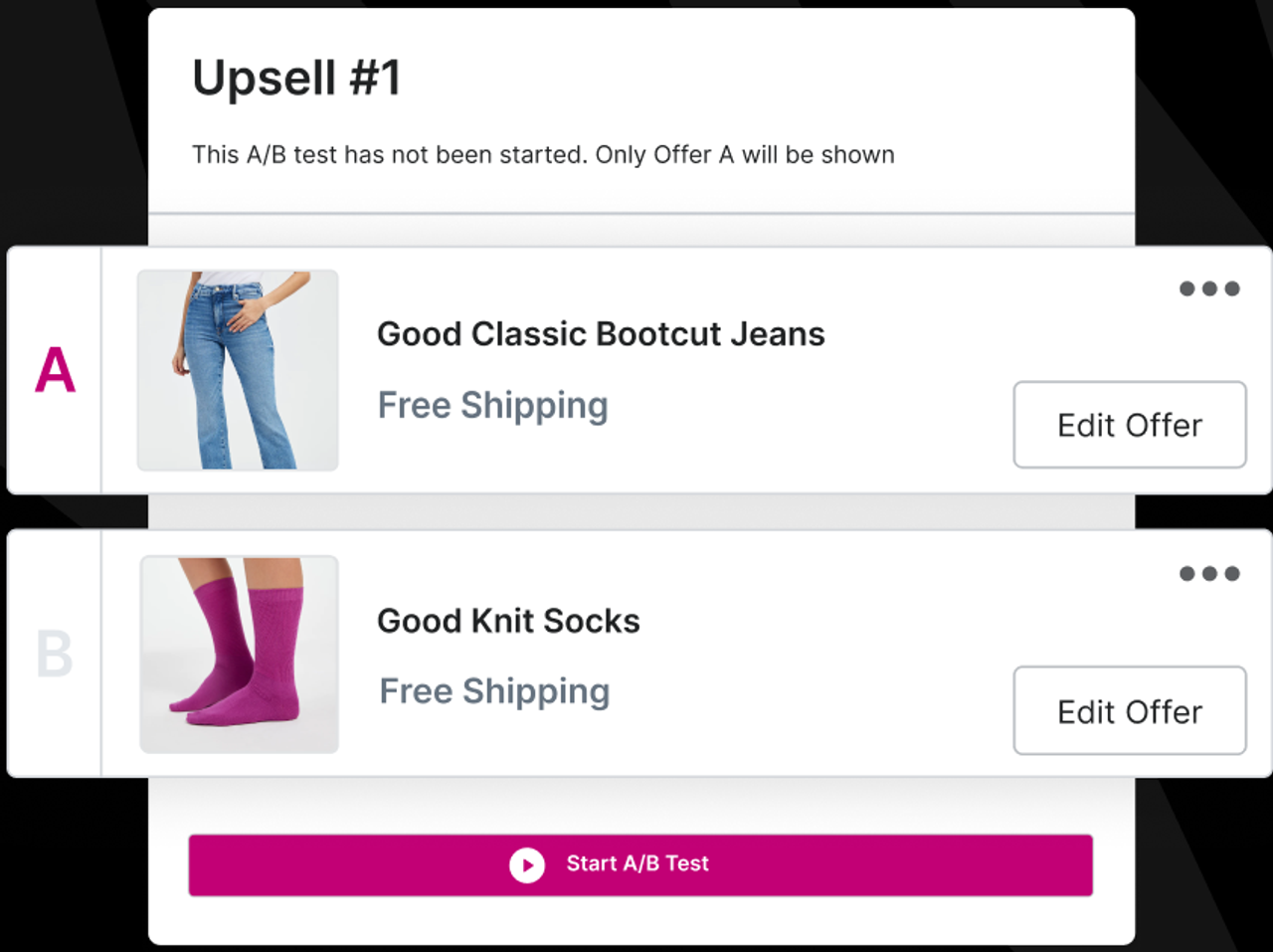 Test A/B d’un upsell post-achat dans AfterSell : l’offre A présente un jean bootcut, l’offre B des chaussettes en maille, toutes deux avec livraison offerte